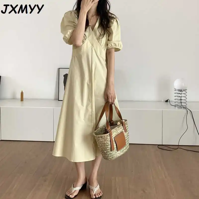 

ICCLEK Fashion French temperament solid color V-neck high waist slim slimming puff sleeve dress three-colo