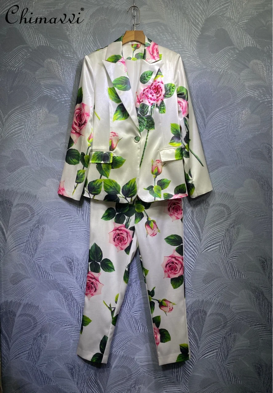 

New High Street Office Lady Elegant Two Piece Set Fashion Notched Long Sleeves Printed Coat with Slimming High Waist Trousers