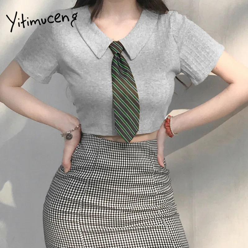 Милые футболки Yitimuceng женский укороченный топ с галстуком трикотажная одежда