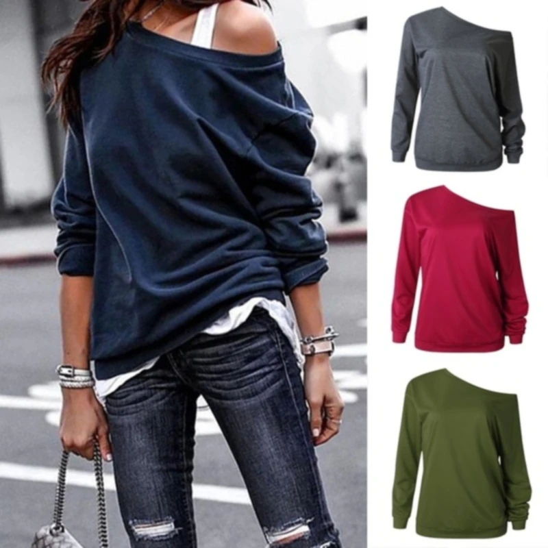 

Fashion Style One Shouder Casual Soft Long Sleeve Shirt Women Cotton Tops Off The Shoulder Blouse Plus Size Full Solid
