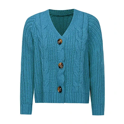 Blue OOTN однобортный вязаный крючком пуговицы для кардигана короткий зимний женский свитер с длинным рукавом Повседневная Верхняя одежда свитер пальто - Цвет: Blue