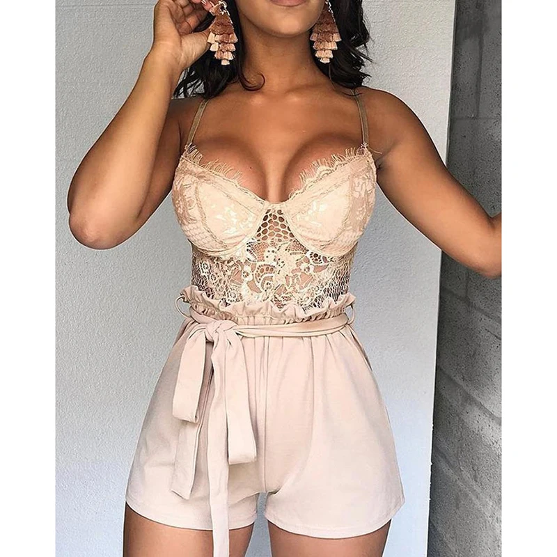 

Women Low Cut Sashes Jumpsuit Slim Strap Lace Jumpsuits Sexy Bodysuit Beach Overalls Summer Sexy Costumes Exotic Tops
