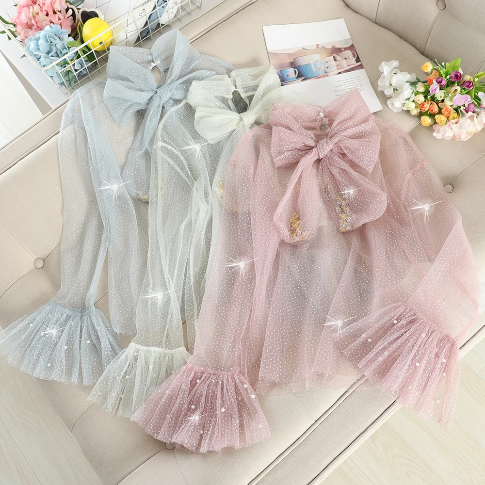 

Sweet Japan Style Chic Tops Sequined Chic Women Blouses Fashion Brand Bow Lace Mesh Perspective Blusas Mujer De Moda Shirts New