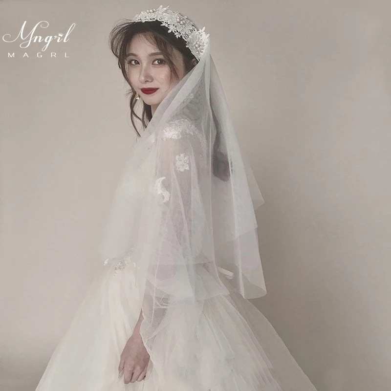 

MNGRL Wedding Accessories Bridal Veil Vintage Elegant Headdress 60CM Single Layer Veil Applique Pearl Soft Yarn Veil