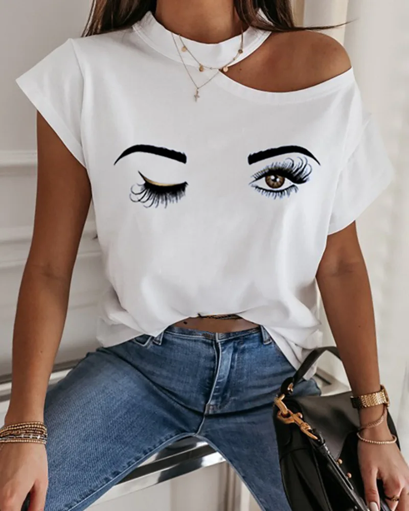 

2020 hot style simple lip print hanging neck short-sleeved stitching T-shirt top women's clothing