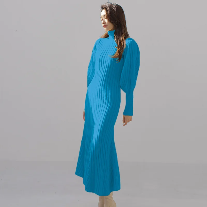 

Mozision Turtleneck Lantern Sleeve Mid-length Fishtail Dress For Women Solid Ruffle Long Knitted Dresses Ladies Elegant Vestidos