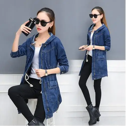 Женская джинсовая куртка с капюшоном длинная свободная на молнии модель LJ637 в