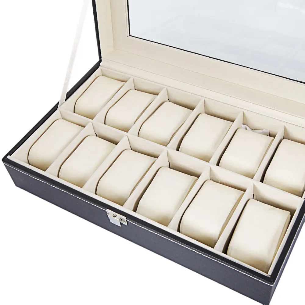 

12 Compartments Top-level Opening Style Leather Watch Collection Box Black