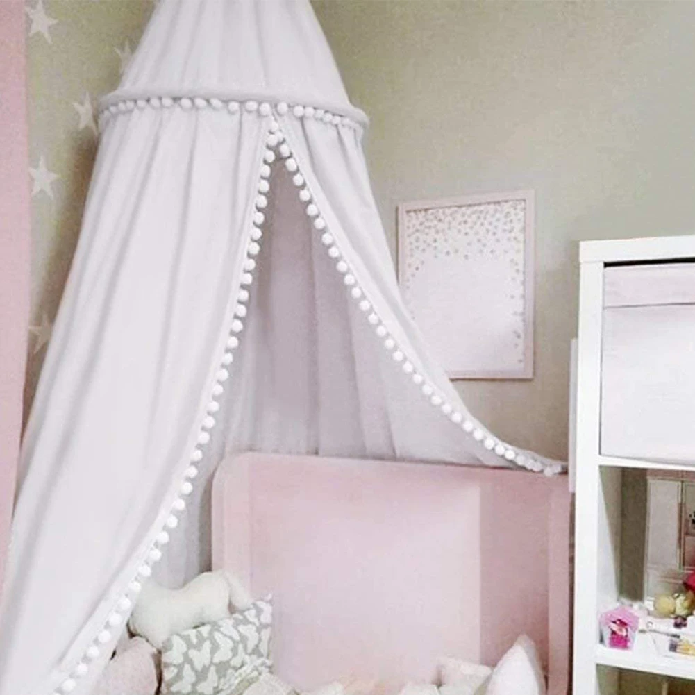

Bed Dome Canopy Cotton Kids Baby Bed Room Canopy Mosquito Net With Pompoms Decoration Hanging Bed Canopy For Reading Corner