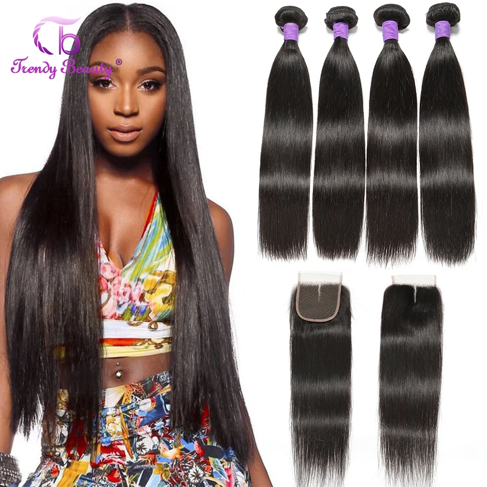 Peruvian Straight Hair 4Bundles With Closure 100% Human Hair Bundles With 5x5 Closure Middle/Three/Free Part Trendy Beauty Hair