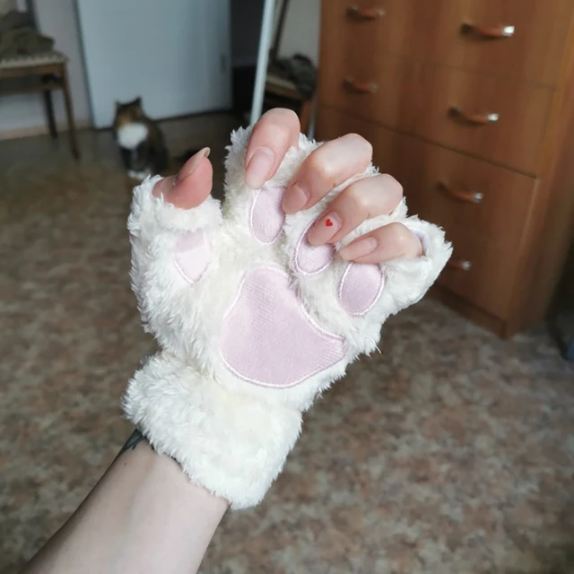 New Winter Gloves Women Bear Plush Cat Paw Claw Gloves Cute Kitten Fingerless Mittens Christmas Halloween for Girls Gift Gloves 2