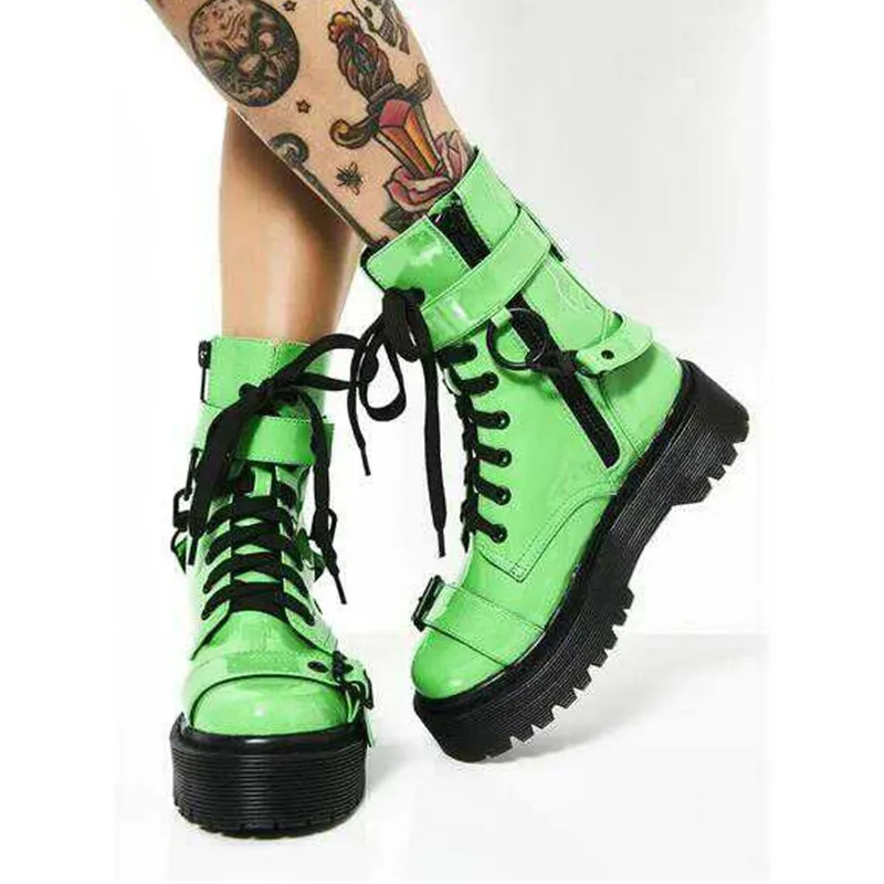 

MStacchi Women Fashion Ankle Boots For Women Night Club Platform Buckle Cross-Tied Shoes Woman High Heels Fluorescent Green Boot