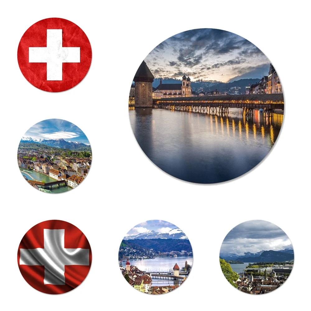 Значки с изображением озера люцерны и флага Швейцарии, значки, металлические значки для украшения одежды и рюкзака