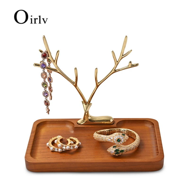 Oirlv New Wooden Deer Earring Necklace Pendant Bracelet Metal Walnut Jewelry Cases Display Stand Tray Tree Storage