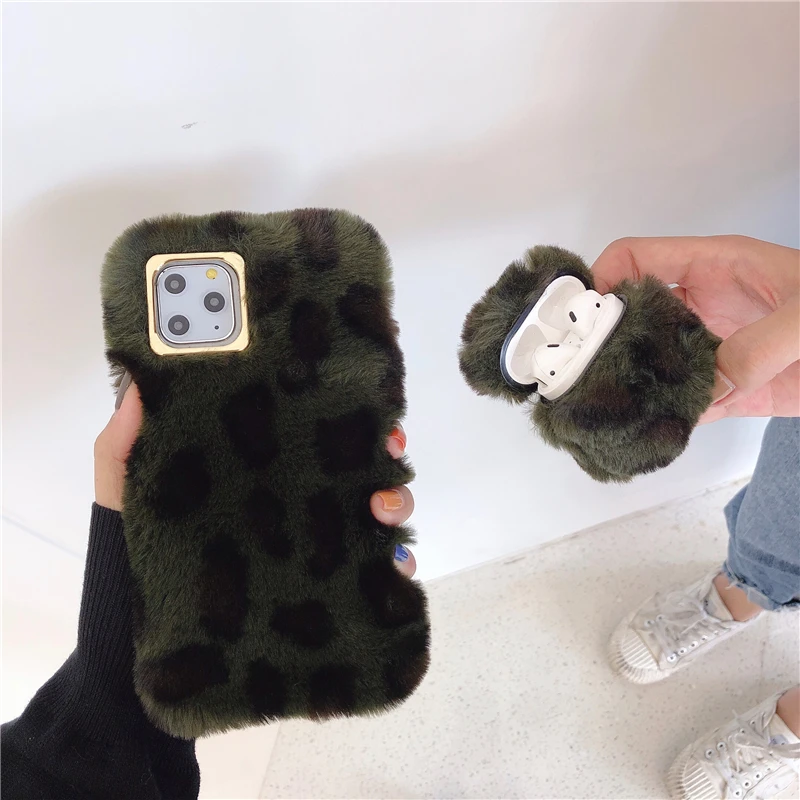 Leopard Plush Phone Case For Apple iPhone X XR XS 11 Pro Max 8 7 6S 6 Plus Cover Airpods 1 2 Cute Soft Girl Back Cases |