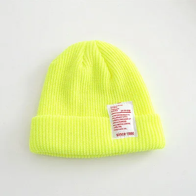 Fluorescent Yellow Новая детская однотонная шапка хип-хоп вязаная шапка детская теплая осенне-зимняя шерстяная шапка однотонные цветные наушники шапка черепки шапки - Цвет: Fluorescent Yellow