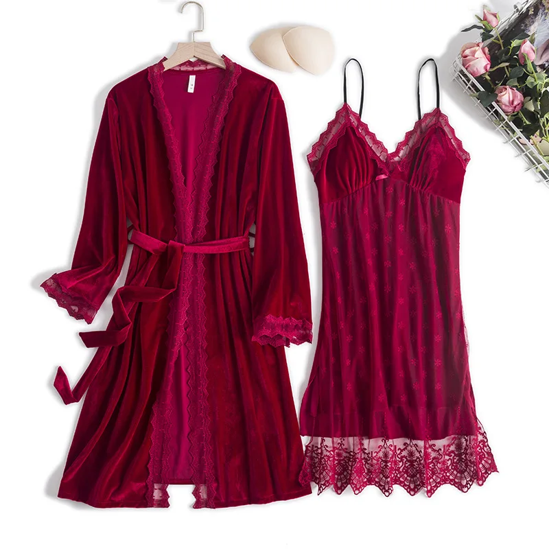 

Autumn Velvet Bride Bridesmaid Wedding Robe Set Sexy Burgundy Women Sleepwear Nightgown Loose Casual Bathrobe Home Dress Suit