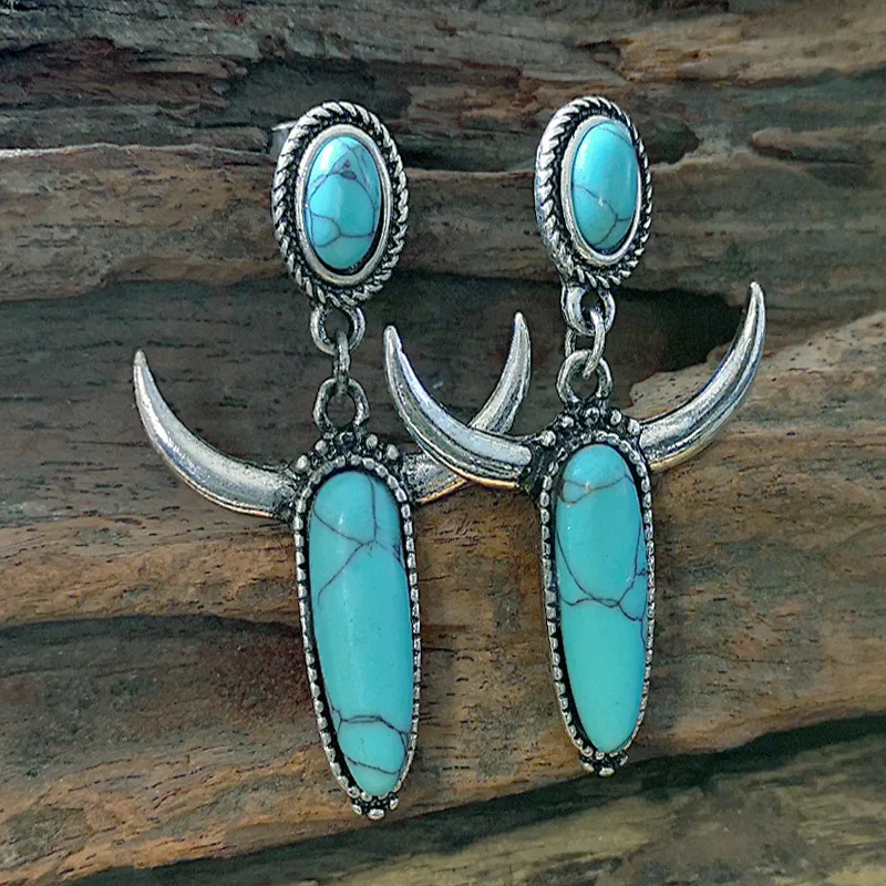 

Personality Retro Gothic Style Plated S925 Silver Turquoise Horn Earrings Ethnic Style Creative Bull Head Earrings