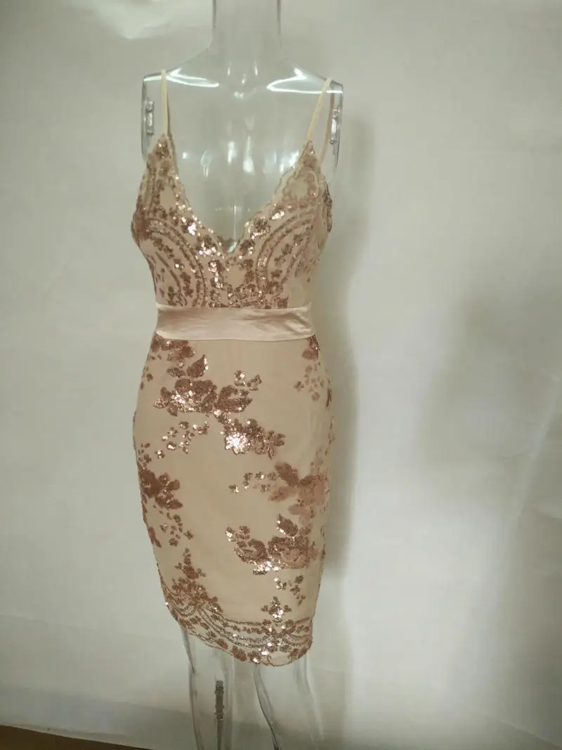 

U-SWEAR Womens Gold Black Sequins Dress Sexy V-neck Backless Women Sundress Luxury Party Club Wear Mini Sequined Dress Vestidos