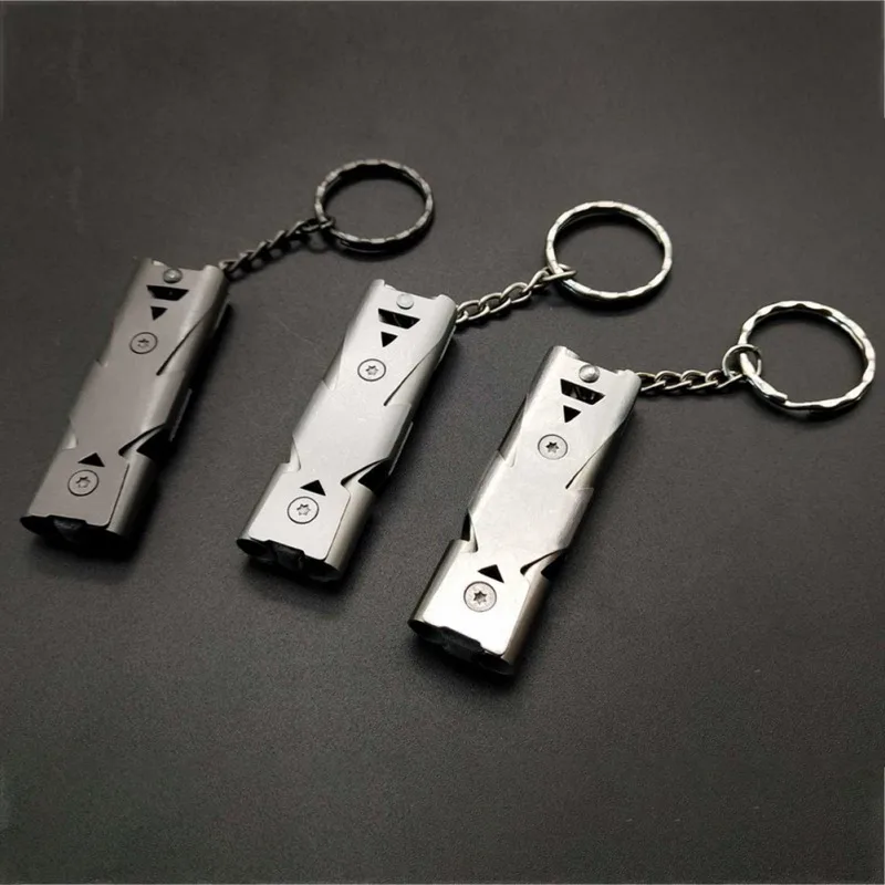 

Stainless Steel High-frequency Emergency Survival Whistle Keychain 150 DB SOS Double Tube EDC Whistle For Camping Hiking Outdoor