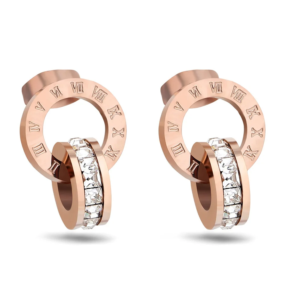 

New Luxury Crystal Women Stud Earrings Titanium Steel Rose Gold Color Cubic Zircon Roman Number Earring for Christmas Gift