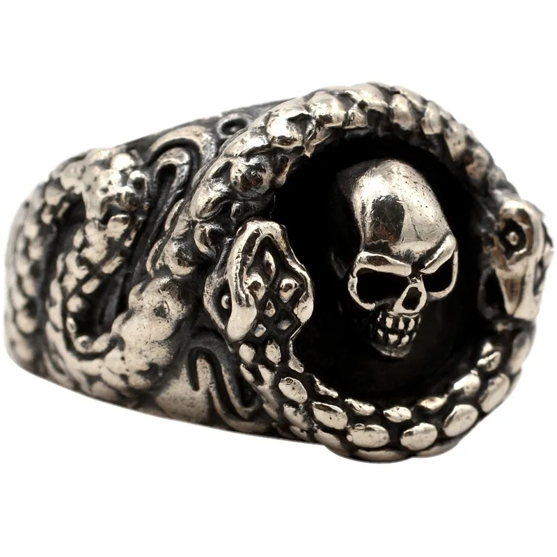 BOCAI 2021 Trend Handmade Punk Vintage Jewelry Real S925 Silver Personalized Python Winding Skull Man Ring