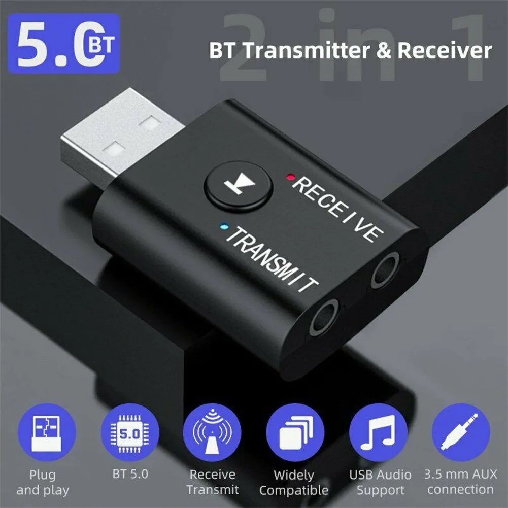 

Car Bluetooth 5.0 Transmitter Receiver 2 IN 1 Wireless Audio 3.5mm USB Aux Adapter For Home Or Car Music Streaming Sound System.