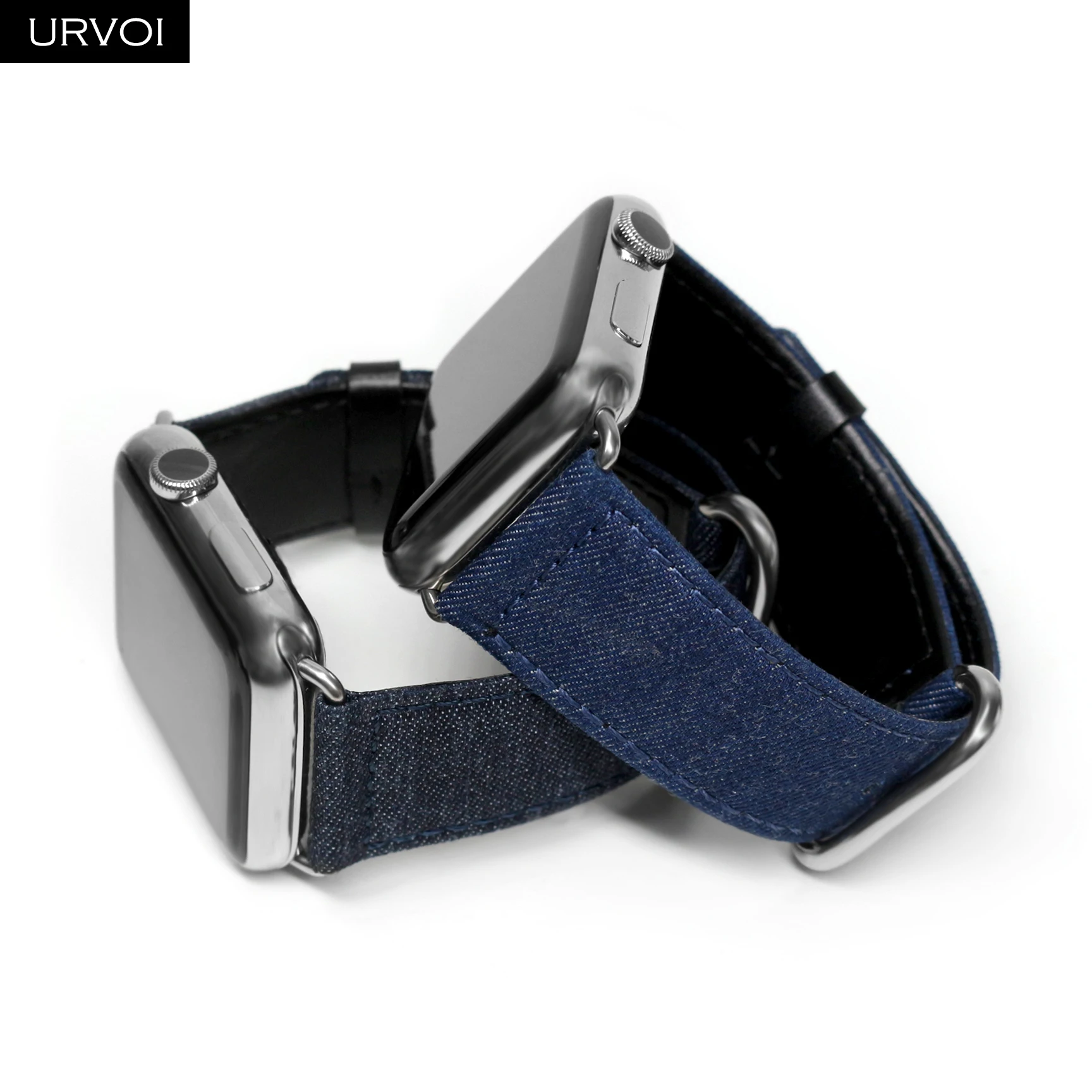 Ремешок URVOI для apple watch series 6/SE/5/4/3/2/1 кожаный браслет из синей джинсовой ткани iwatch