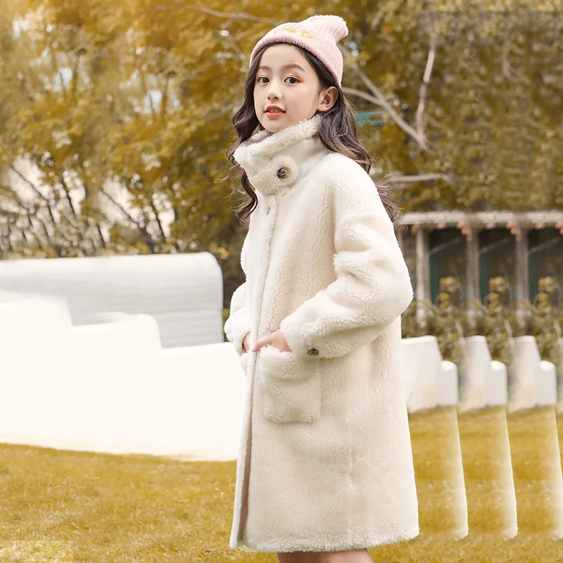 

Fashion Spring Winter Girl Coat Buttons Long Mid-Length Jackets Warm Fur Thicken Clothing Kids Teenage Tops Solid Color Lamb Woo