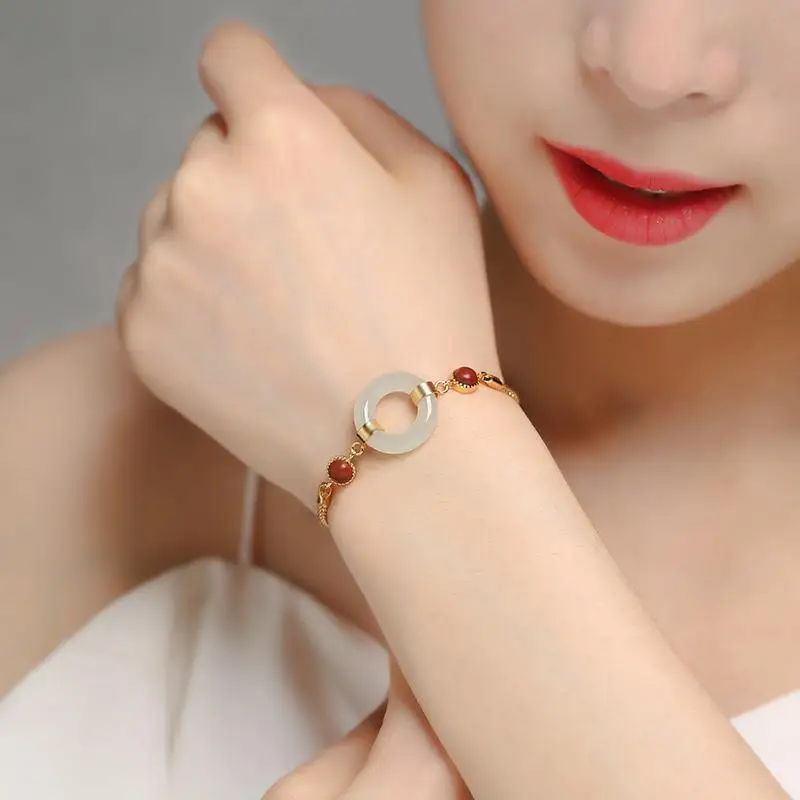 

Hetian Jade Safety Buckle Bracelet Retro Bracelet 925 Silver Gold Inlaid with Jade Niche Graceful Personality Gift for Girlfrien