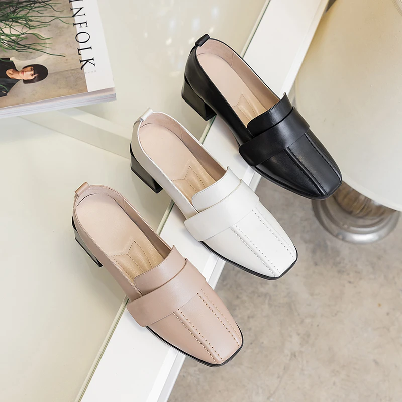 

Genuine Leather Low Heels Pumps Retro Shoes For Women 2021 Summer Autumn Loafer Party Shoes Woman size 41 42 43
