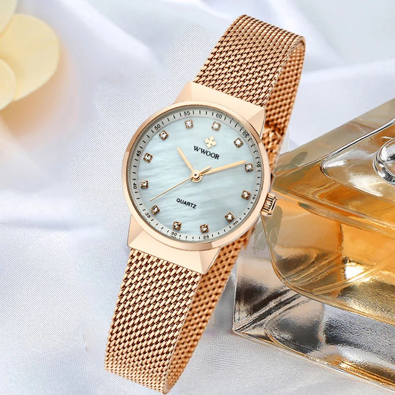 Женские кварцевые часы WWOOR с сетчатым браслетом из розового золота женские со