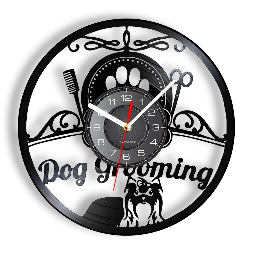 

Dog Grooming Vinyl Wall Clock For Vet Beauty Shop Puppy Stylin Care Pet Spa Record Clock Doggie Dash Stylist Vintage Timepieces