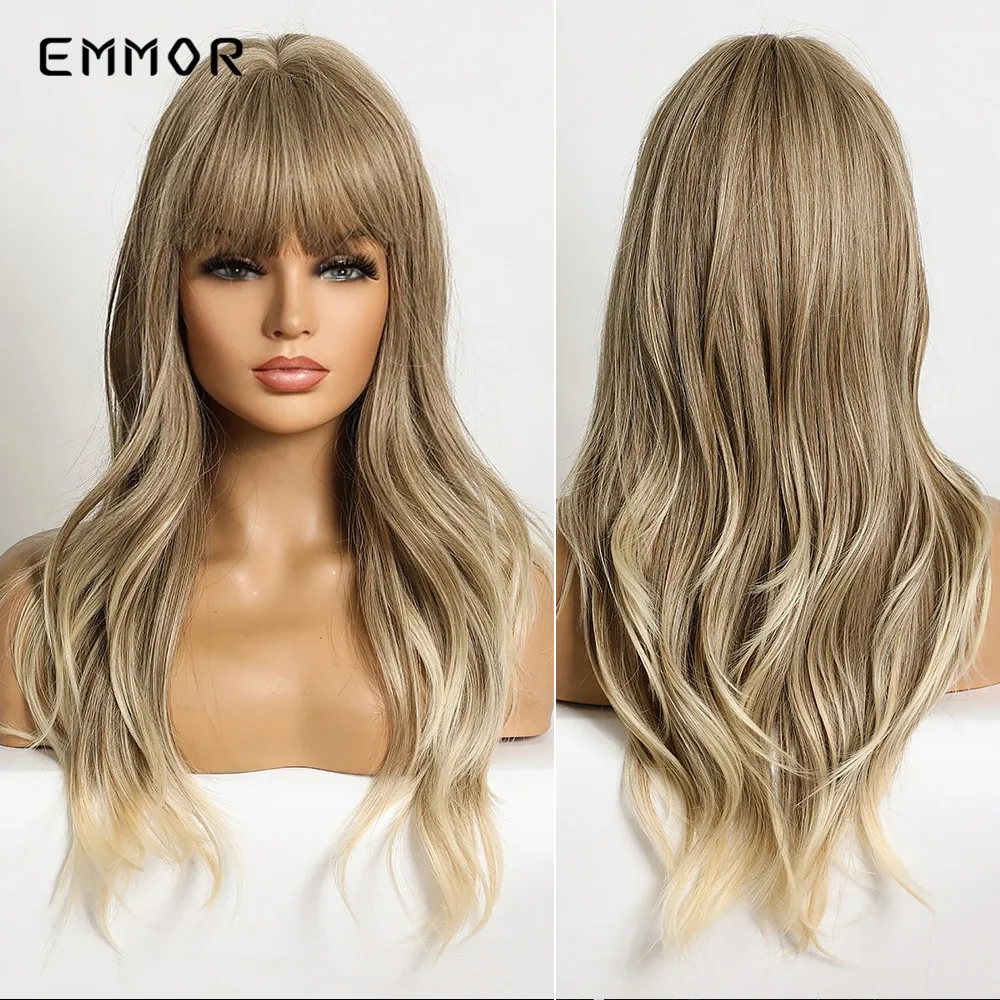 

Emmor Ombre Light Ash Brown Blonde Wavy Wig with Bangs Natural Cosplay Party Lolita Wigs for Women Heat Resistant Fiber Hair Wig