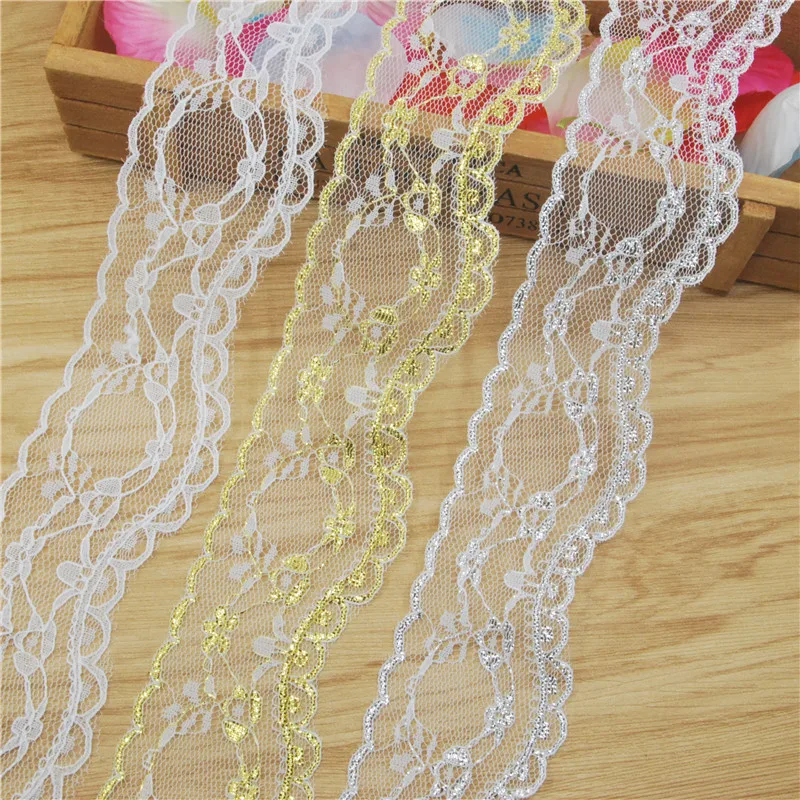 Tela de encaje de poli&eacute;ster, accesorios de costura, cinta de decoraci&oacute;n para vestido de novia, suministros de artesan&iacute;a, oro y plata, 50mm, 50 yardas, L213-0