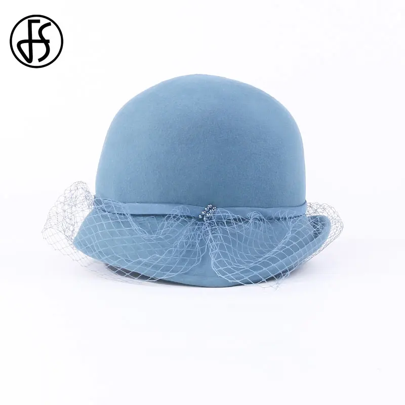 

FS New 2020 Black Veils Wool Hats For Women Lady Wide Brim Fedora Hat Felt Winter Church Beige Fedoras Bowler Elegant Cloche