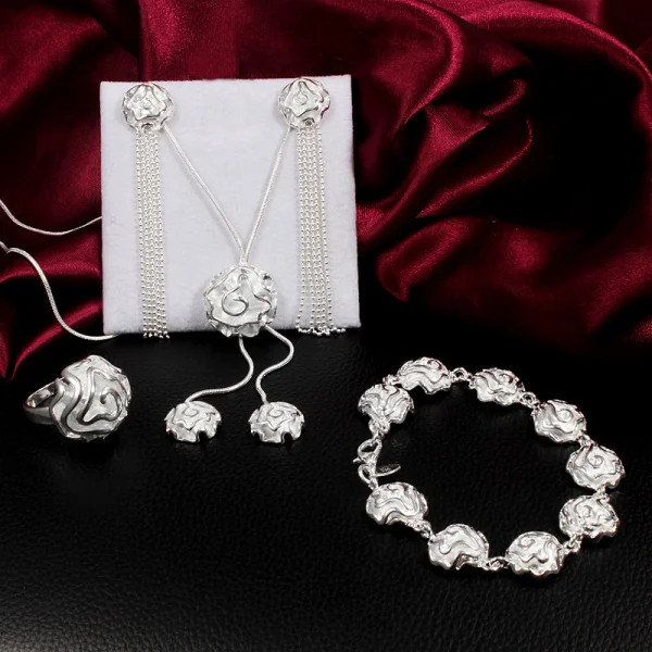 

Women Fine Rose flower 925 sterling Silver rings necklace bracelet earrings Jewelry set fashion Party wedding Christmas gifts