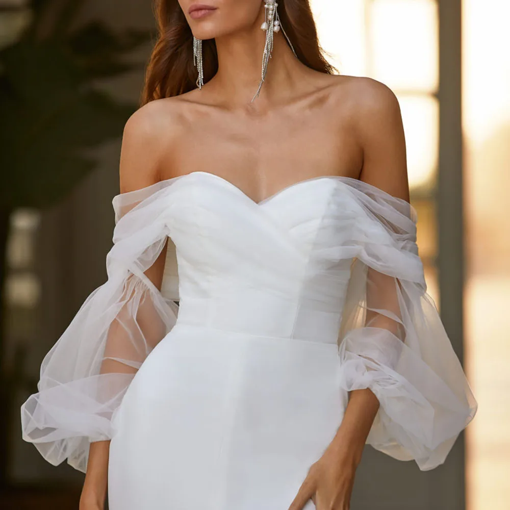 

Fashion Sexy Party Dress Simplicity Designer Elegant Mermaid Temperament White Low-cut One Word Collar Net Yarn Lantern Sleeve