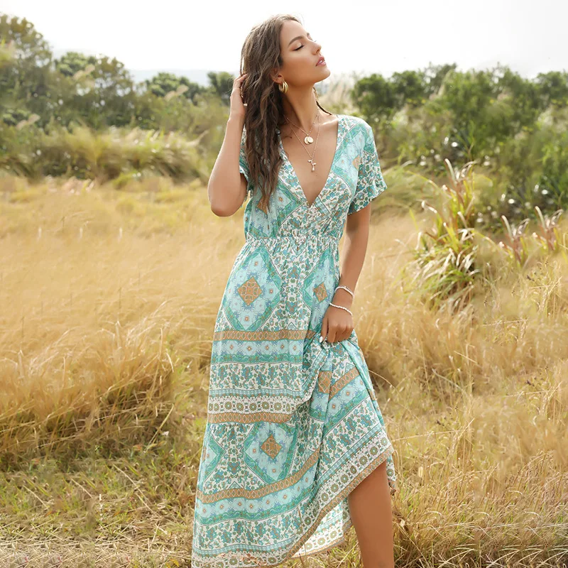 

2021 Casual Green Print Summer Beach Boho Dress Short Sleeve Maxi Dresses Sexy Deep V-neck Floral Women Vestidos Feminino