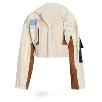 new patchowrkl denim jacket for women white lambswoo lapel long sleeve loose oversized casual coat female 2021 winter fashion