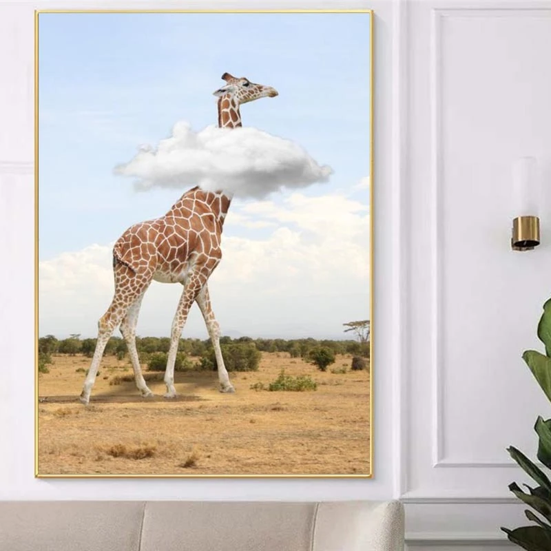 

African Animal Giraffe Ramble On Savannah Modern Funny Poster Painting On Canvas Wall Art Picture For Living Room Decoration