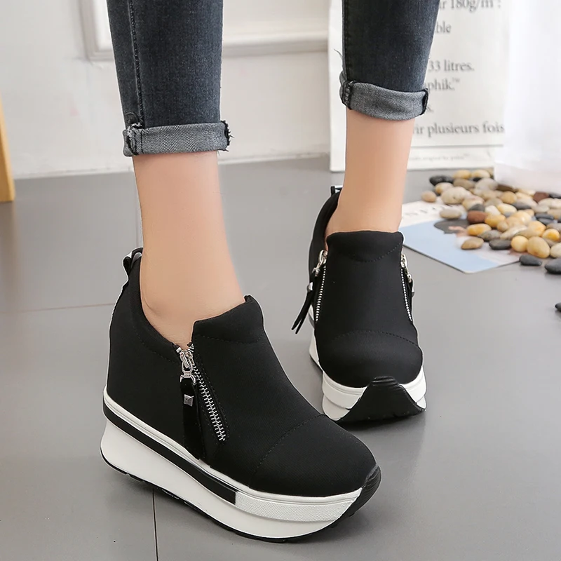 New 2021 Spring Women Wedges Shoes High Top Fashion Zipper Casual Female Height Increasing Platform Sneakers | Обувь
