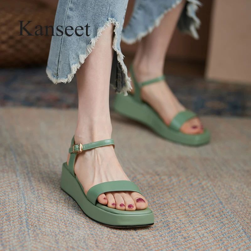 

Kanseet сандалии женская обувь 2021 Летние босоножки на платформе; Женская обувь на плоском ходу; Босоножки из натуральной кожи сандалии с квадратным носком повседневная женская обувь зеленого цвета