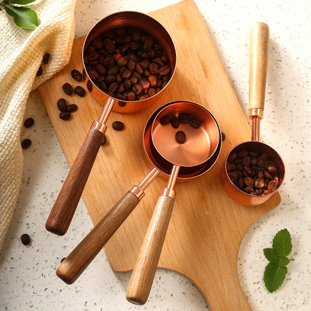 

4Pcs Coffee Measuring Cup Stainless Steel Scoop Wooden Handle Baking Sugar Spoon Teaspoons Set for Kitchen Accessories