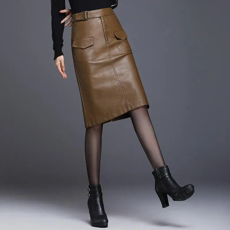 

2020 Autumn and Winter Pocket Leather Skirt Mid-length PU Skirt Simple Women Clothes Casual Slim Empire Pencil Button Skirts L51