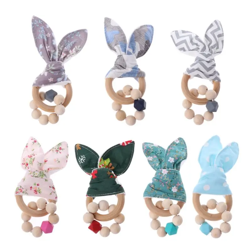 

Christmas Baby Boy Bunny Ear Teether Safe Organic Wood Teething Ring 7 Color Choice Shower Gifts