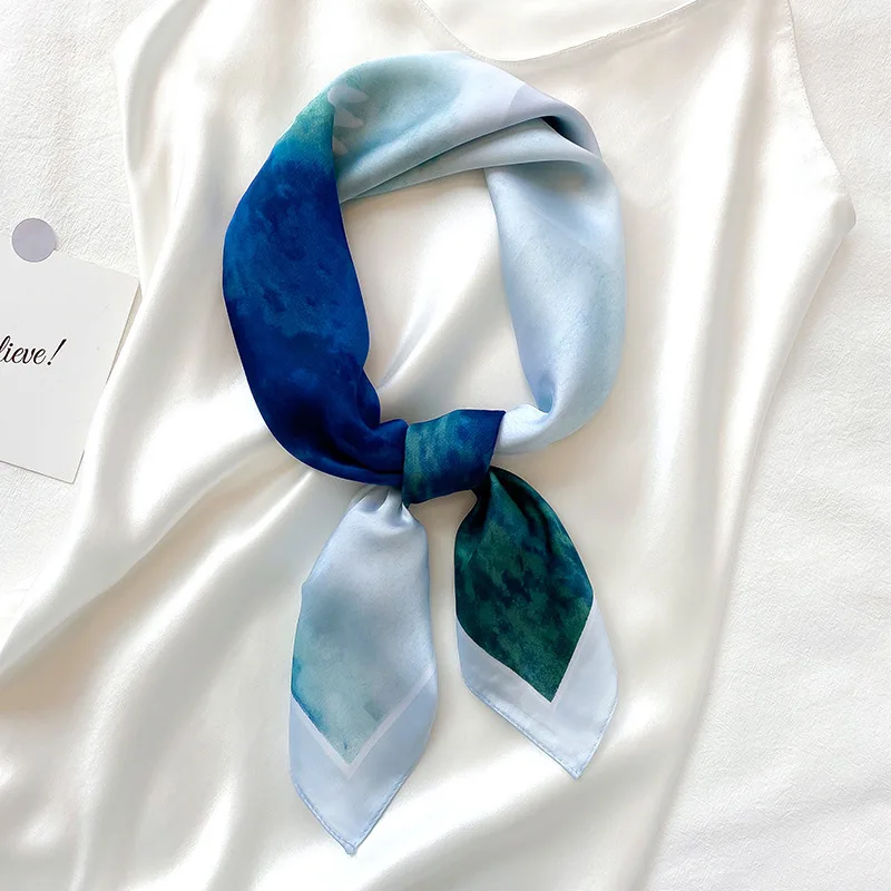 

Hijab Real Winter And Summer 2020 Painting Thin Small Squares Female Emulation Silk Decorative Scarves Sunscreen Longhair Belt