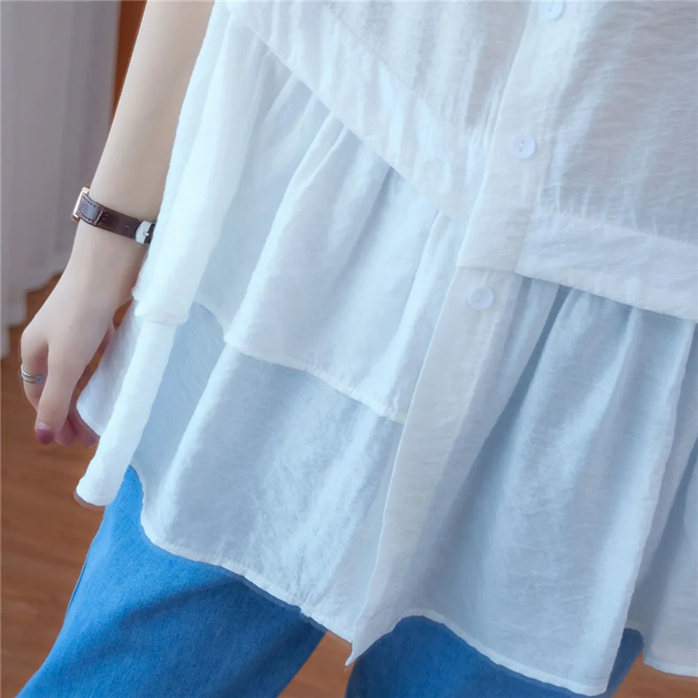 

2021 Summer New Loose Casual Solid Color Ruffle Round Neck Summer Blouse Thin Fashion Simplicity Single-breasted