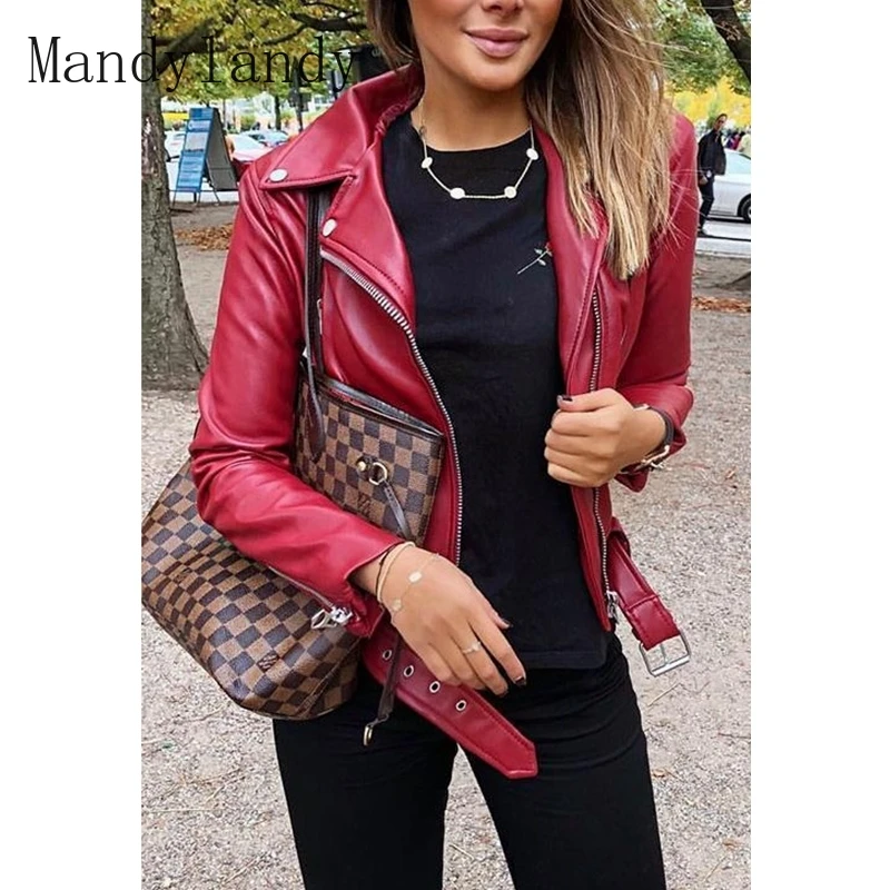 

Mandylandy Coat Autumn Long Sleeve Turn-down Collar Motorcycle Jacket Women's Casual Solid Color Slim-Fit Zipper Button Jacket