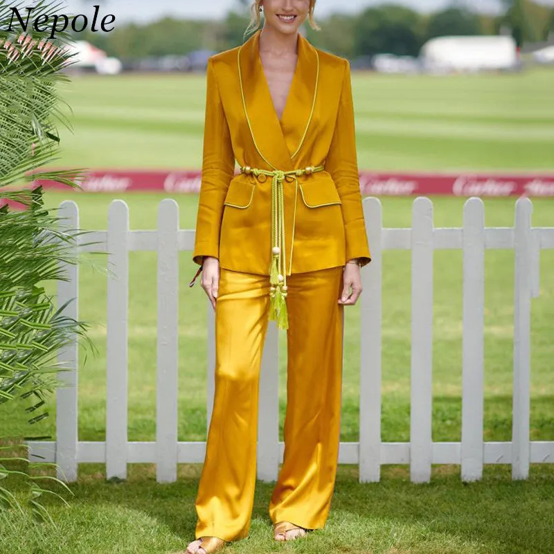 Neploe Модный комплект из двух предметов пояс карманы блейзер + штаны застежка
